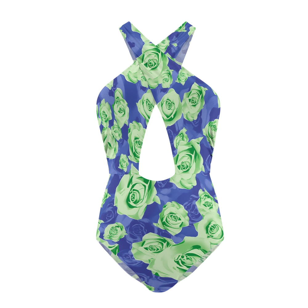 Green Rose Print Teardrop Cutout One-Piece Swimsuit with Matching Sarong Skirt