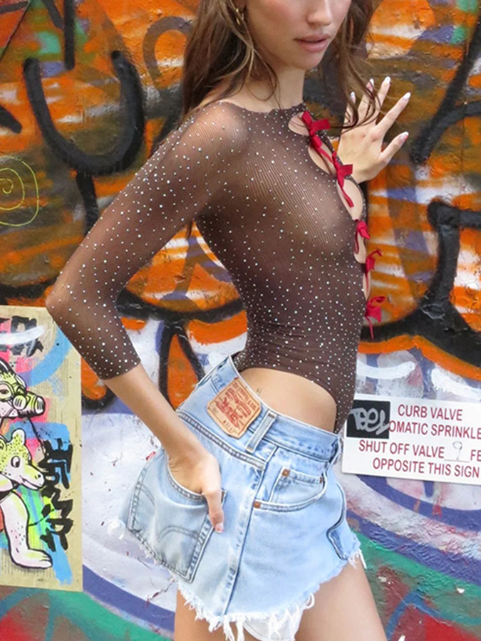 Sexy High-Elastic Knitted See-Through Bow Cutout Jumpsuit