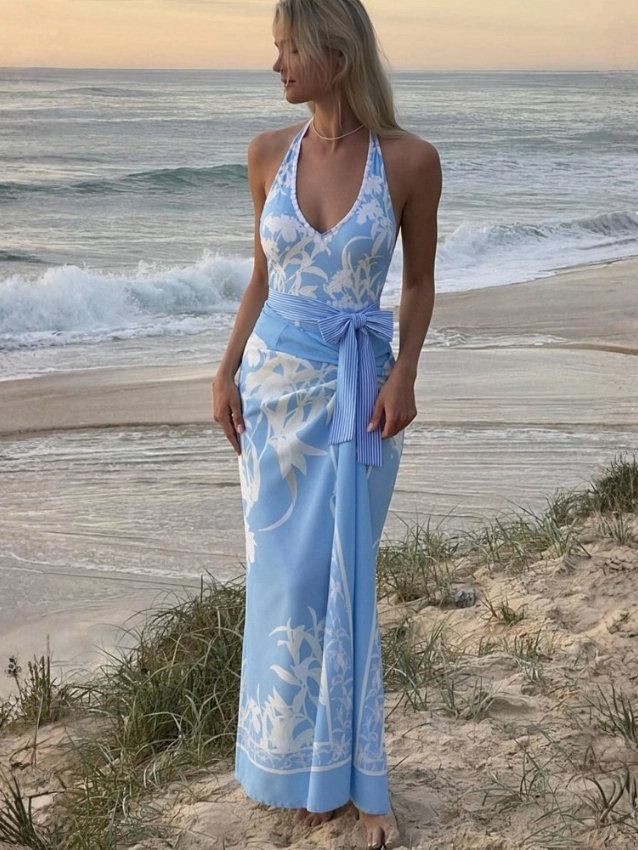 French Vacation Blue Floral Print Halter One-Piece with Tie Sarong