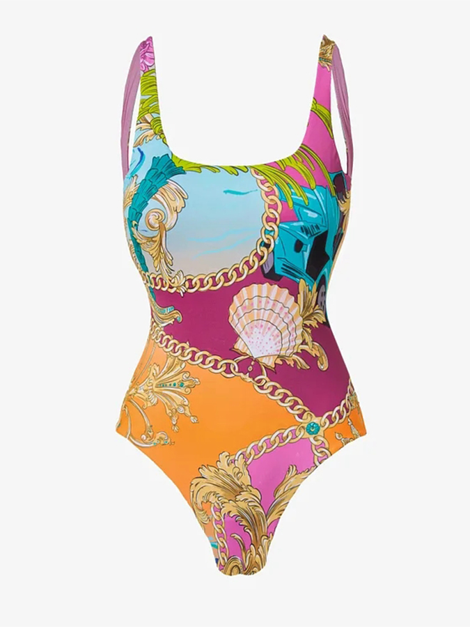Round Neck Shell Printed One Piece Swimsuit and Sarong