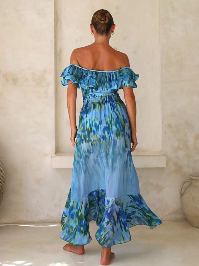 Lake Blue Water Lily Print Off Shoulder One-Piece with Ruffle Maxi Skirt