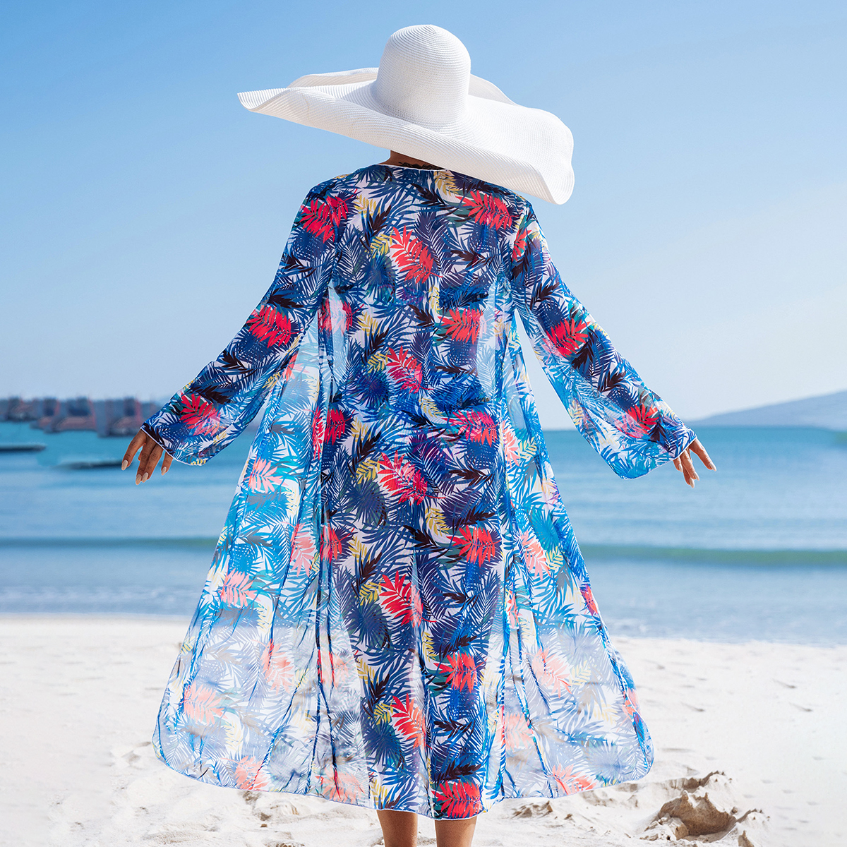 Tropical Print Three Piece Bikini Set with Side Tie Bottom and Sheer Cover-Up