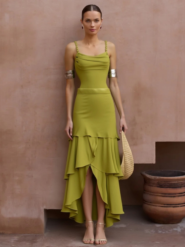 Retro Mustard Yellow Twist Strap Bandeau One Piece Swimsuit with Asymmetrical Ruffle Maxi Skirt Set