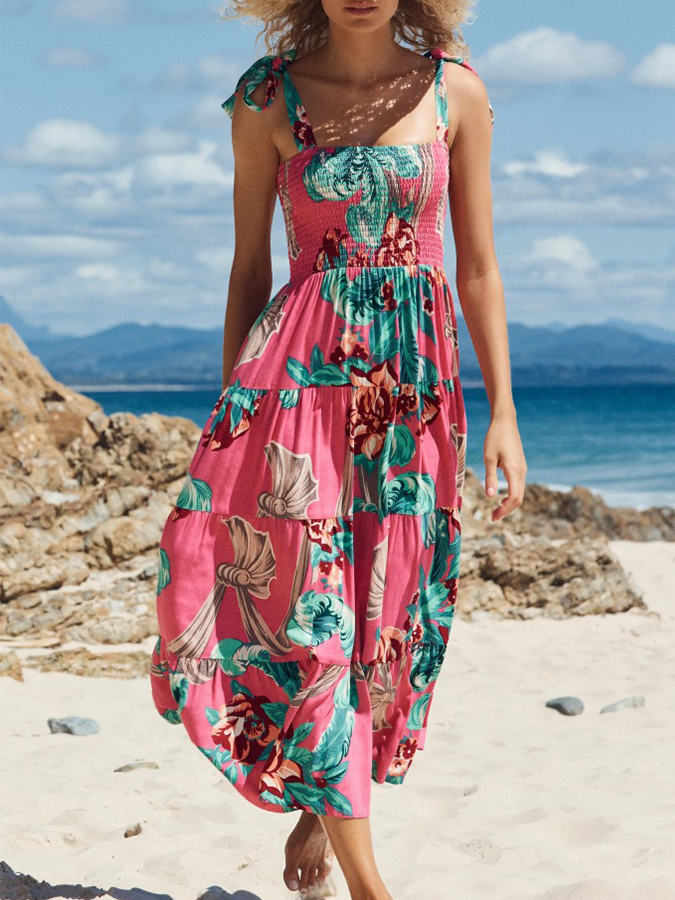 Leaves Printed Tie-shoulder Sleeveless Holiday Maxi Dress