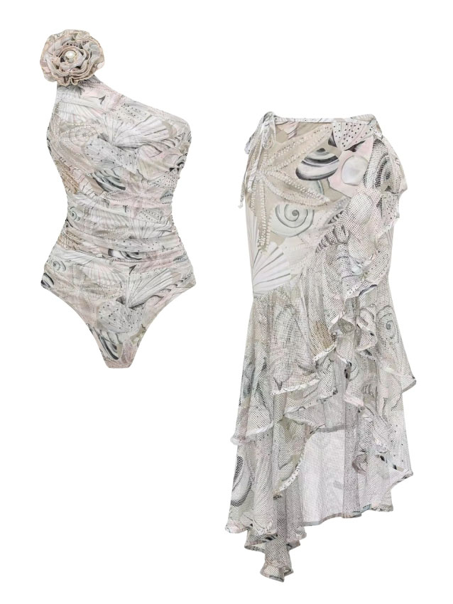 Ocean Shell One-Shoulder 3D Floral One-Piece with Matching Skirt