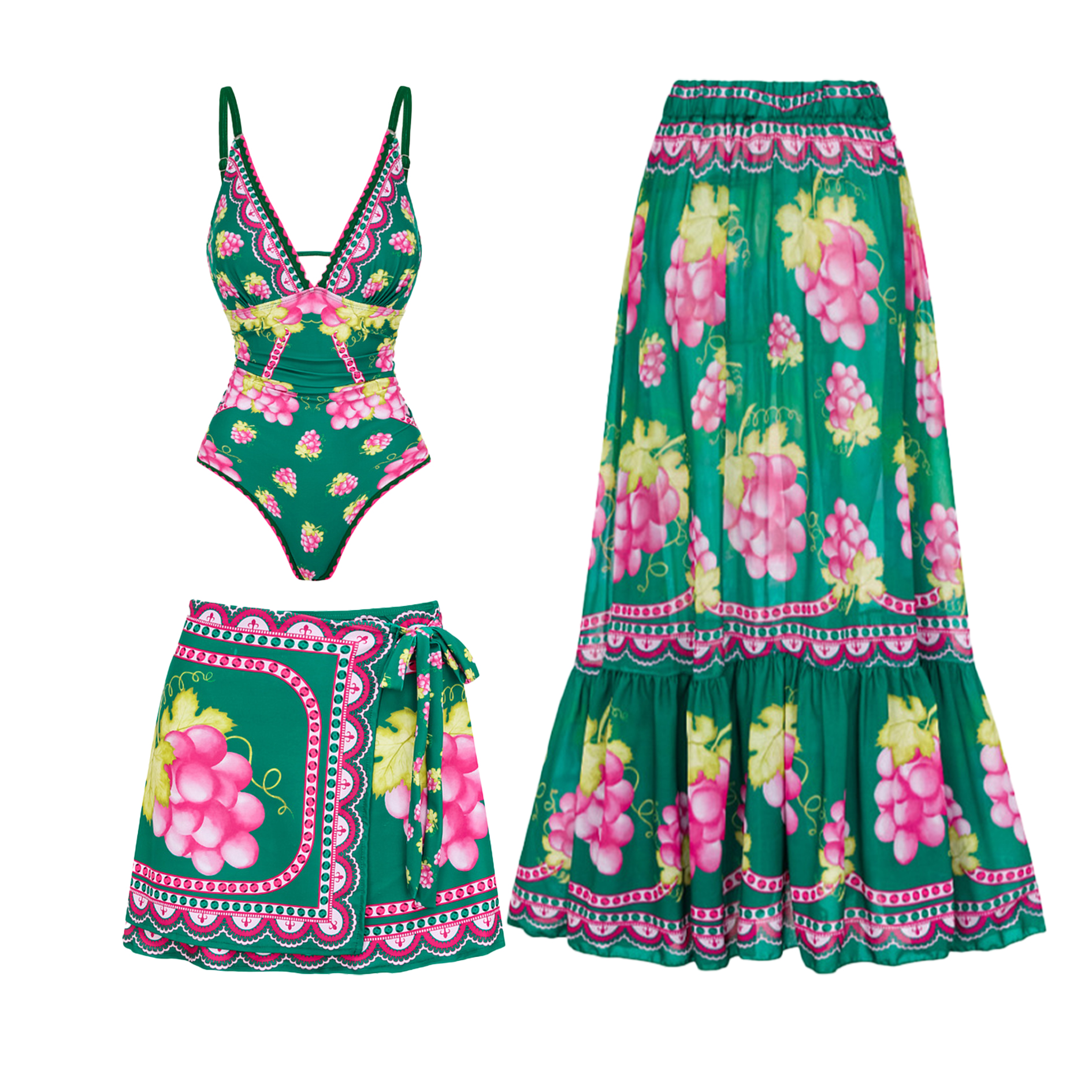 Women's Spaghetti Strap Top with Plunging V-Neck and Vintage Print One-Piece Swimsuit with Skirt