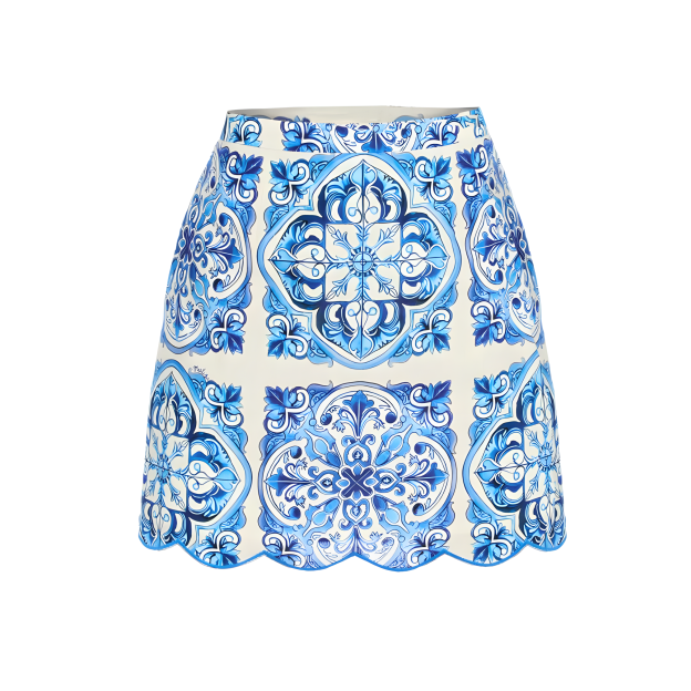 Women's New Blue and White Porcelain Print One-Piece Swimsuit and Skirt