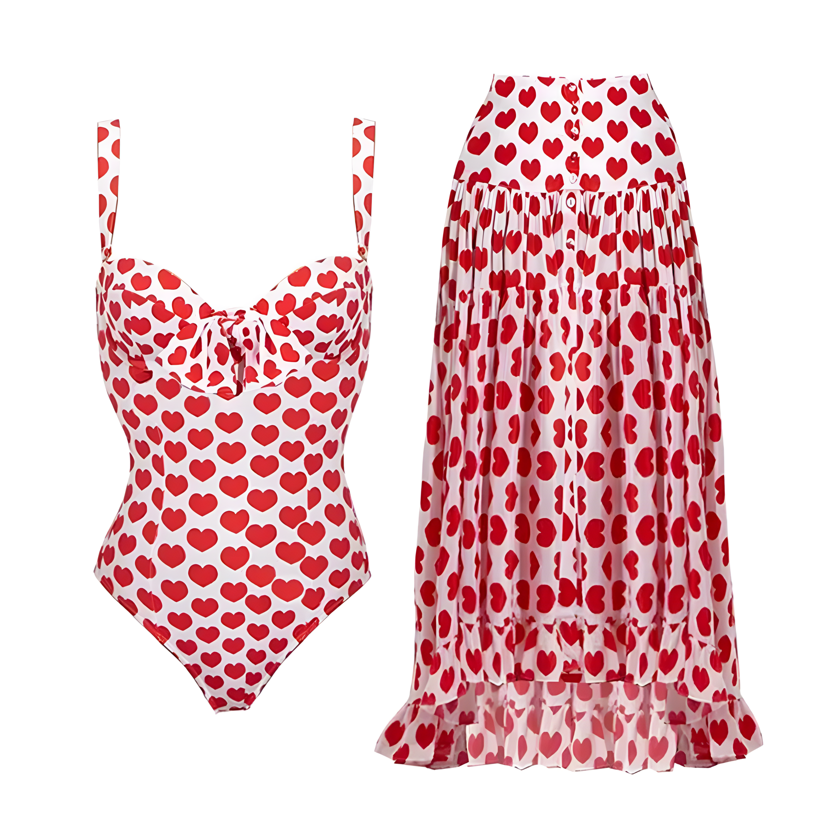 Women's Romantic Heart Print One-Piece Swimsuit with Skirt