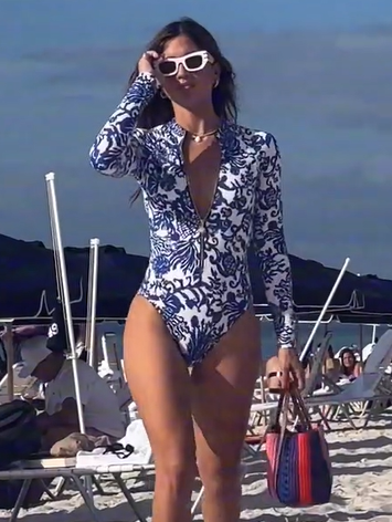 Blue Printed Long-Sleeved Zipper-Piece Swimsuit