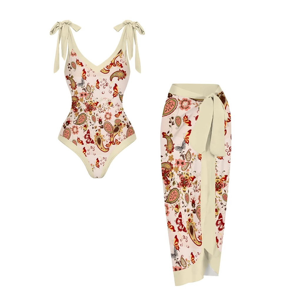 Women's Paisley Floral One Piece Deep V Neck Swimsuit with Skirt Set