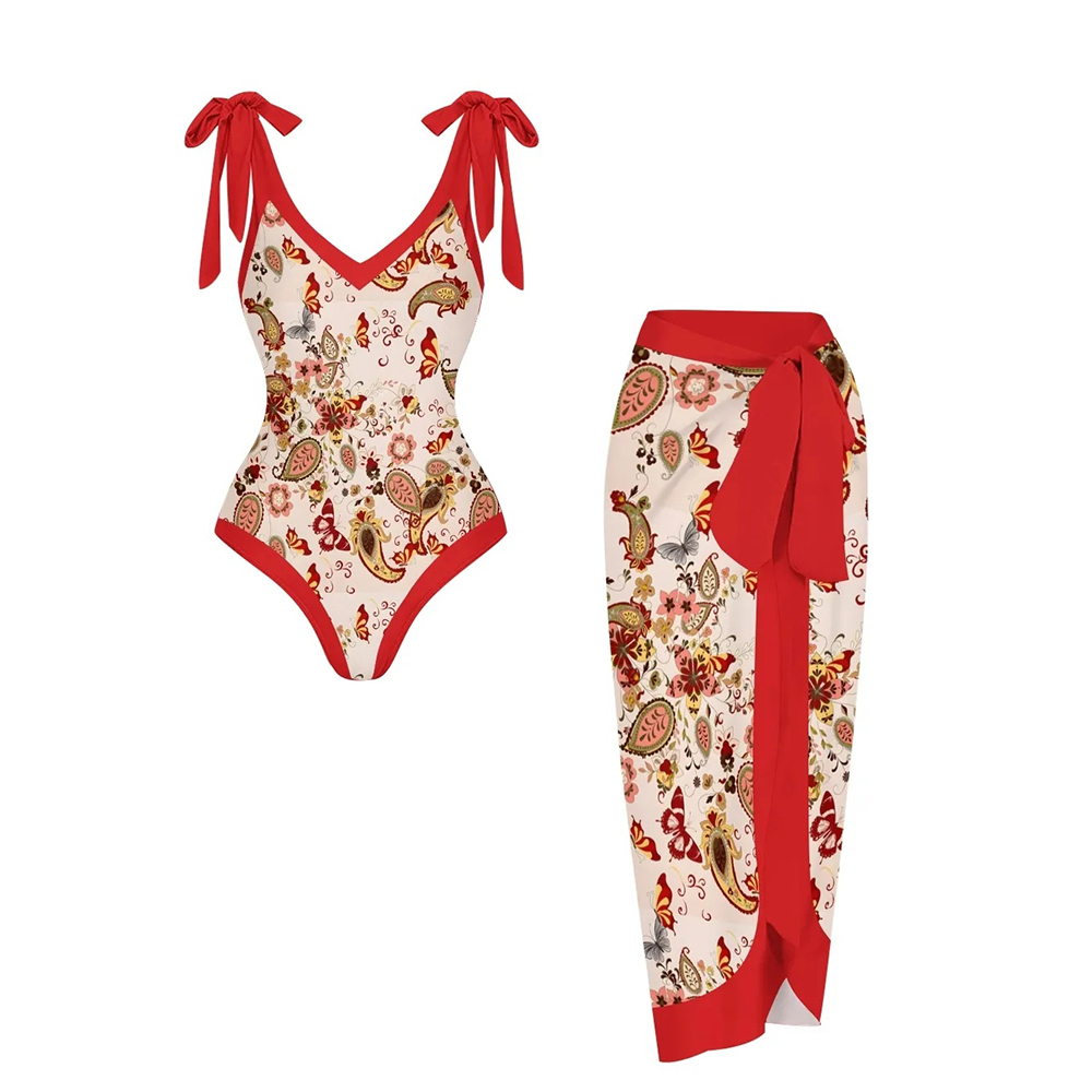 Women's Paisley Floral One Piece Deep V Neck Swimsuit with Skirt Set