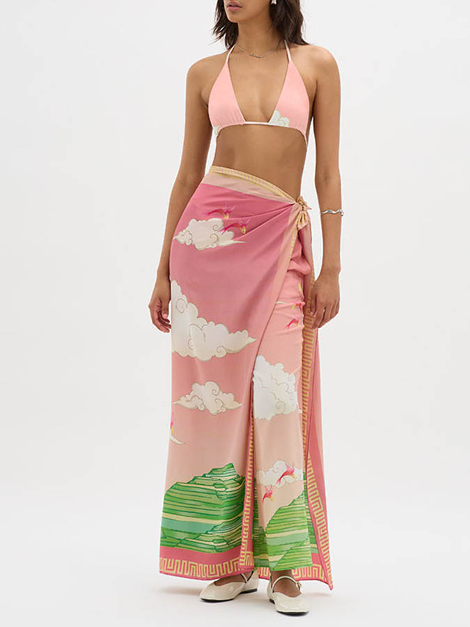 Pink Beach Print Bikini and Cover Up Pants