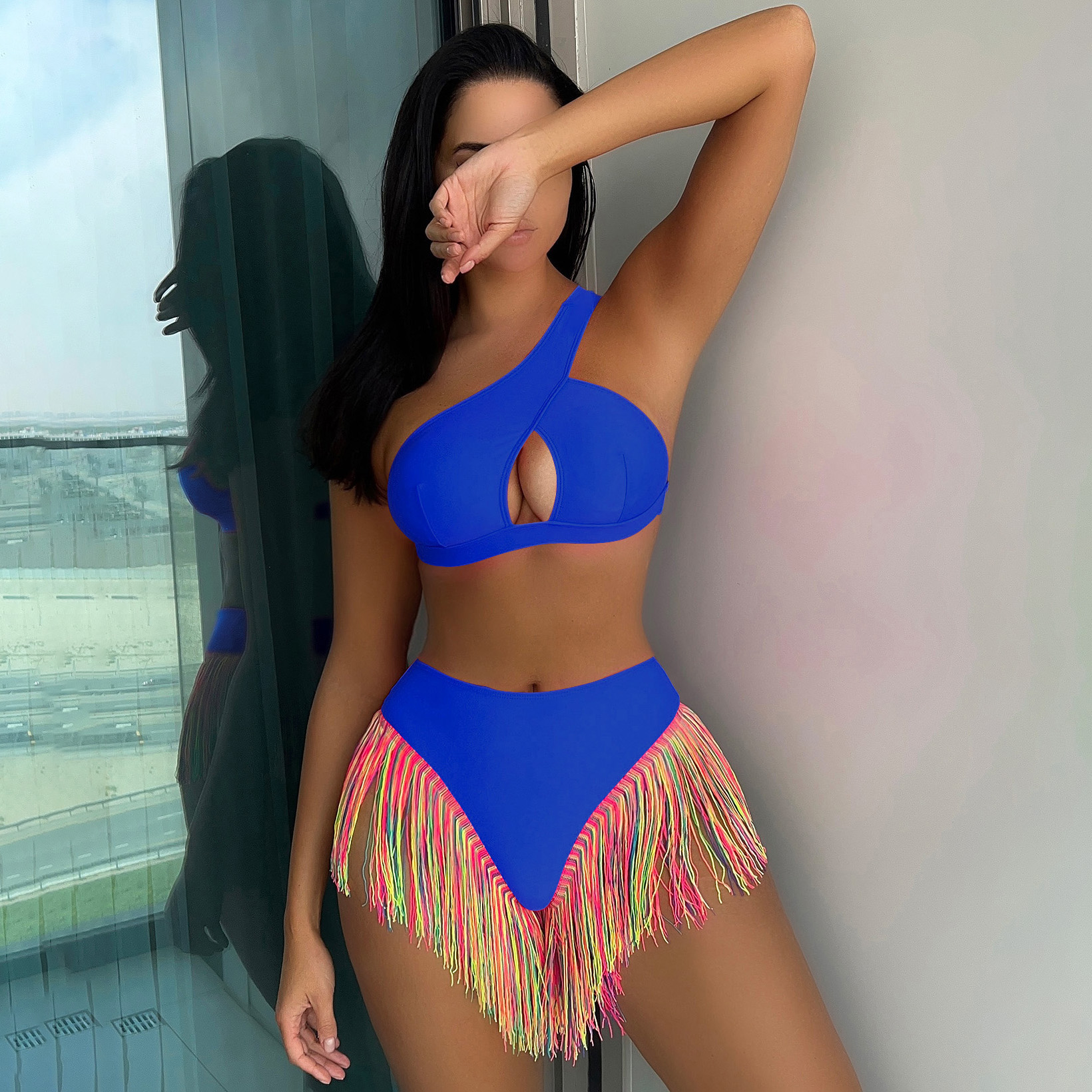 Sexy Solid Color One-Shoulder Two-Piece Swimsuit Set with Fringe Detail