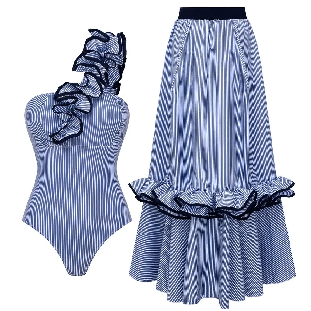 Women's Blue Stripe One-Shoulder One-Piece Swimsuit with Skirt