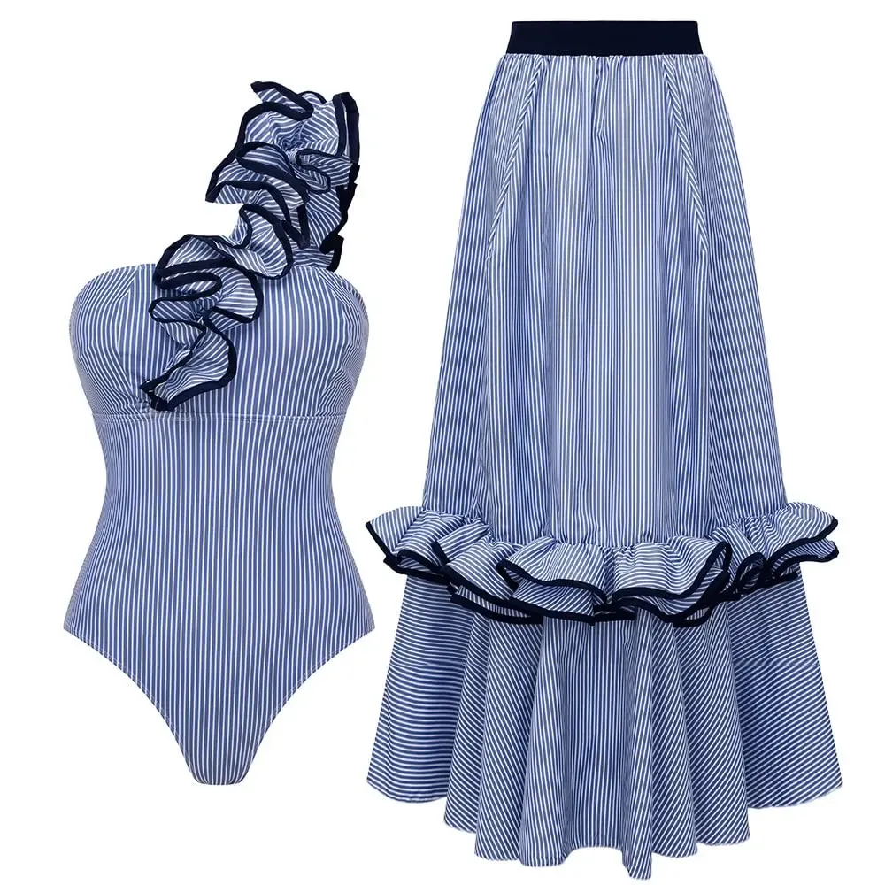Women's Blue Stripe One-Shoulder One-Piece Swimsuit with Skirt