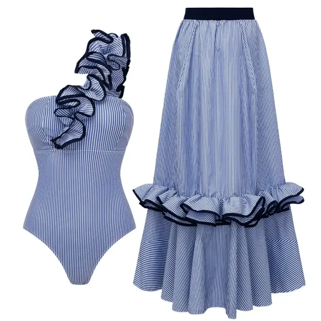 Women's Blue Stripe One-Shoulder One-Piece Swimsuit with Skirt
