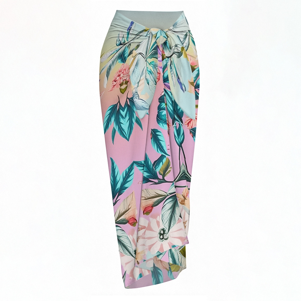 Tropical Gradient Floral One-Piece Swimsuit with Matching Sarong Skirt