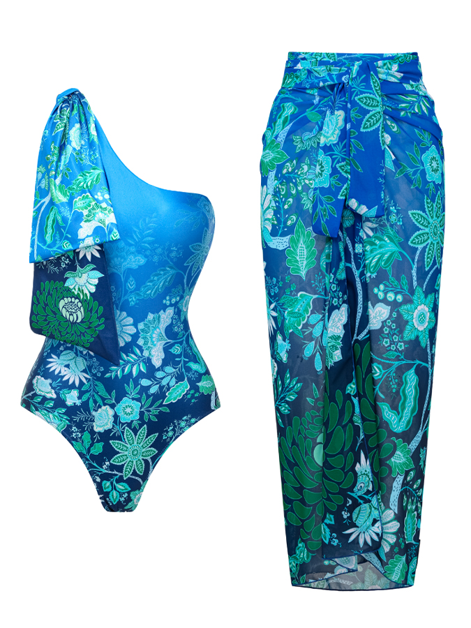 Bow Tie One Shoulder Blue Gradient Print One Piece Swimsuit and Cover Up