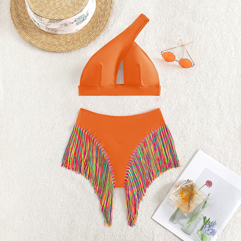 Sexy Solid Color One-Shoulder Two-Piece Swimsuit Set with Fringe Detail