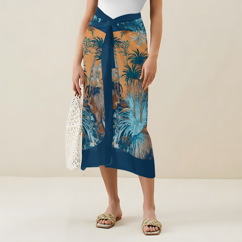 Women's One-Shoulder Scenery Under Moonlight Print One-Piece Swimsuit with Skirt