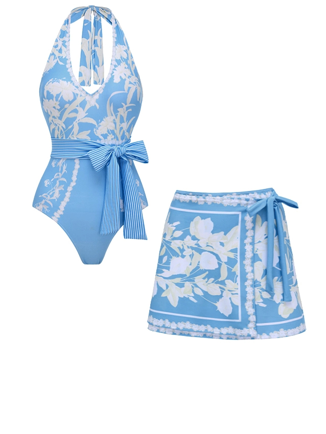 French Vacation Blue Floral Print Halter One-Piece with Tie Sarong