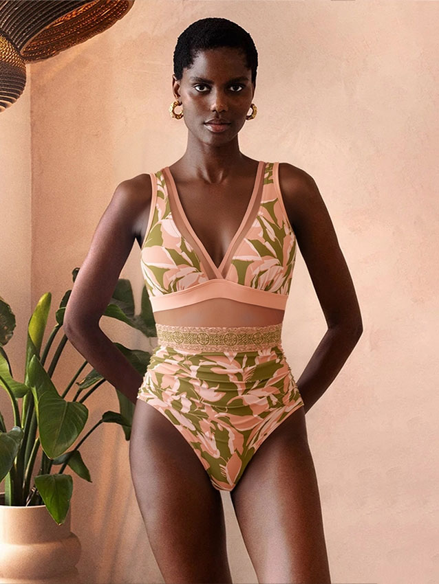 Tropical Floral One-Piece with Wide-Leg Pants and Skirt Set