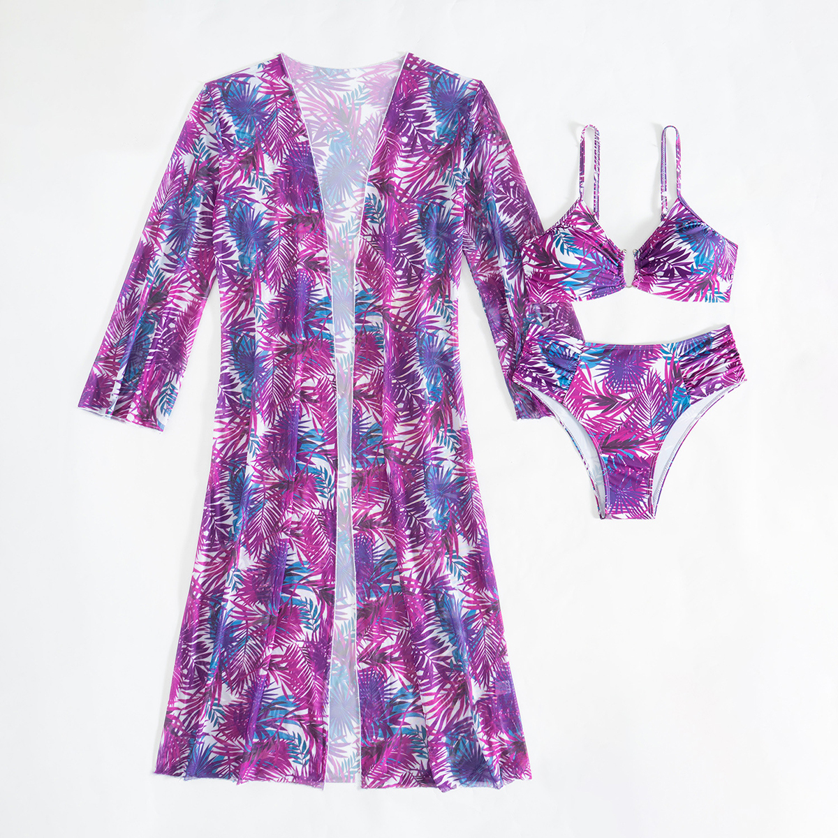Tropical Print Three Piece Bikini Set with Side Tie Bottom and Sheer Cover-Up