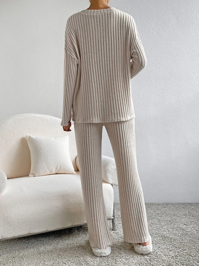 V Neck Long Sleeves Solid Top and Pants Two Pieces Sets