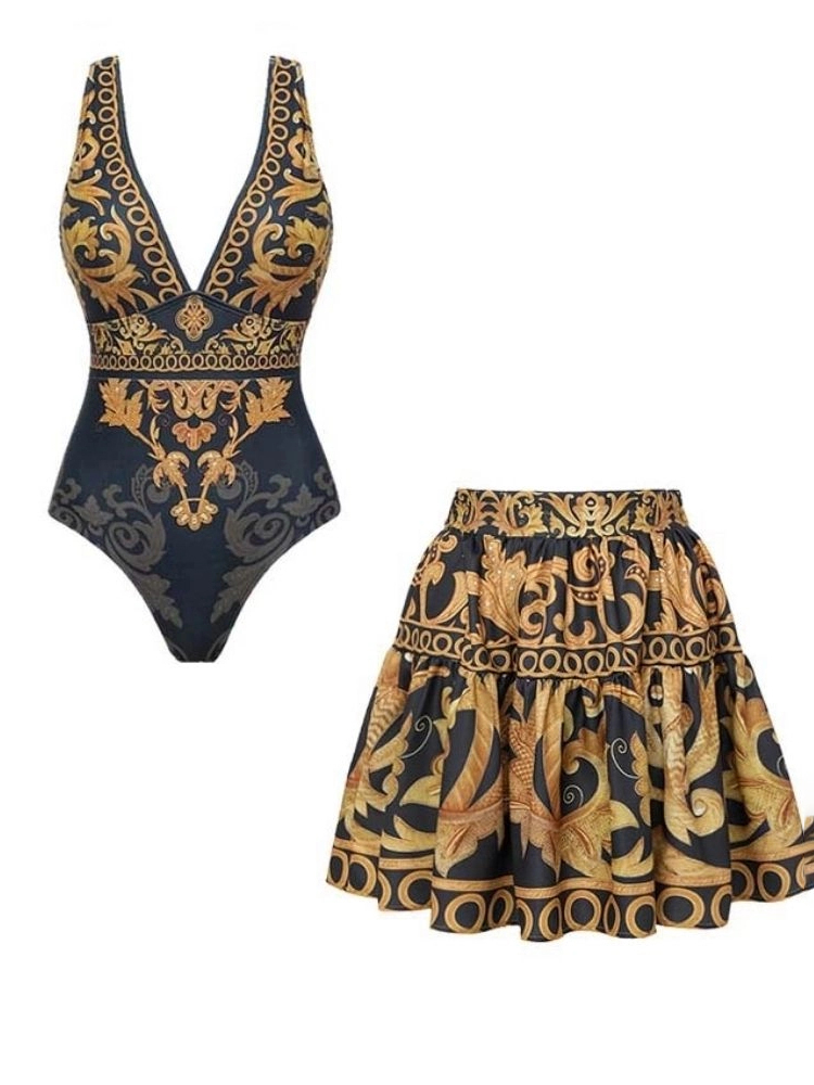 Gold Embroidery Decor Swimsuit and Skirt