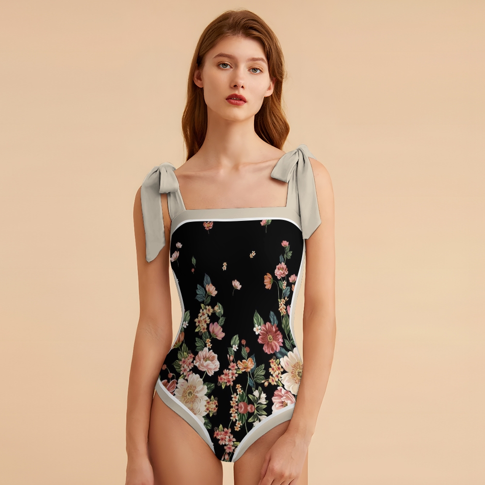 Women's Floral Bow Straps One-Piece Swimsuit and Matching Sarong Skirt