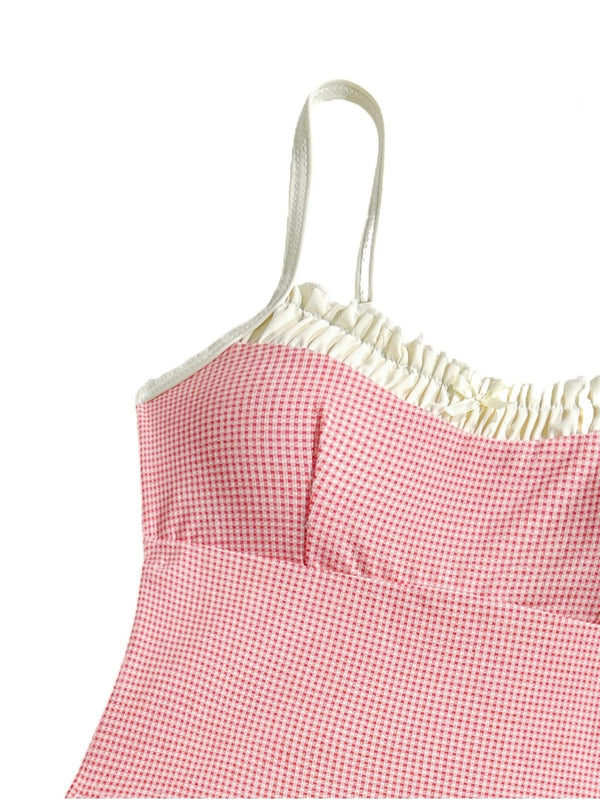 Checkered Lace Trim Tankini Set