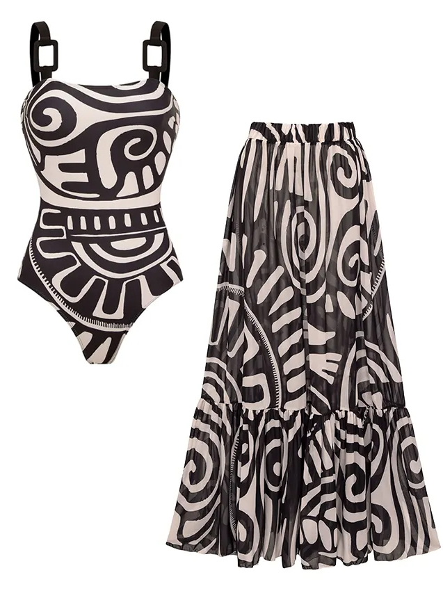 Adjustable Shoulder Straps Black Tribal Print Swimsuit Set