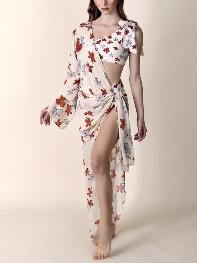 Floral Print One-Shoulder Bikini and Cover-Up
