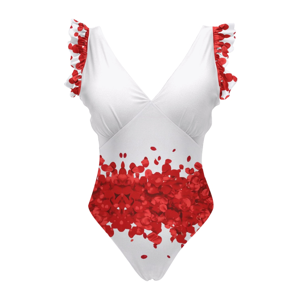 Petal Print Ruffled Shoulder One-Piece Swimsuit with Matching Sarong Skirt