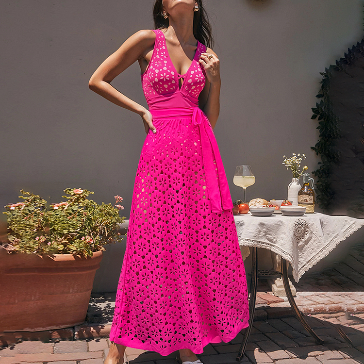 Women's V Neck Bestselling Sexy Solid Color Cut-Out One-Piece Swimsuit Set -Pink