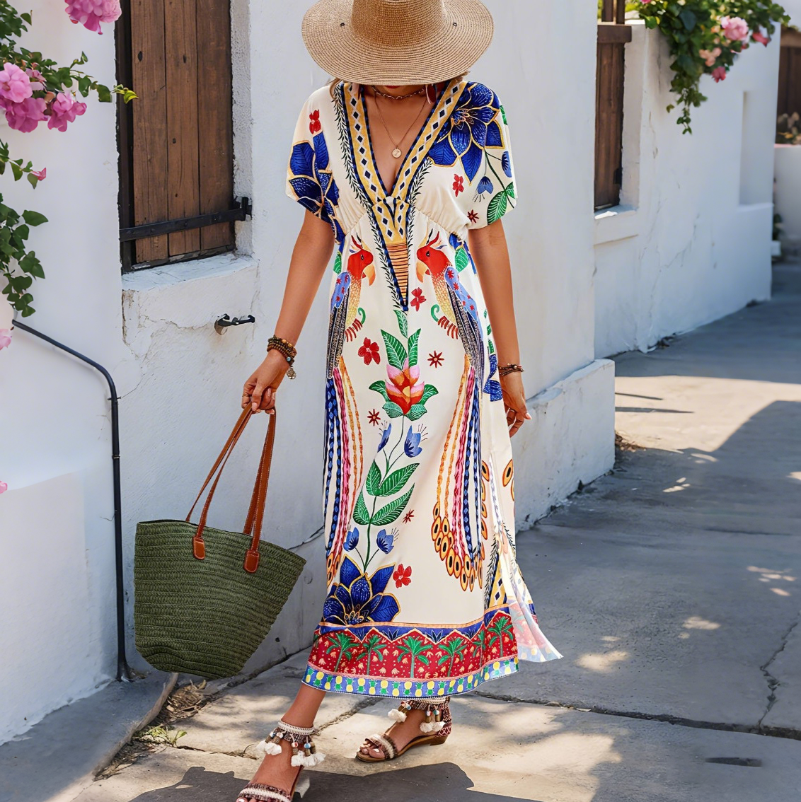 Women's New Bohemian Peacock Print V-Neck Dress with Cinched Waist