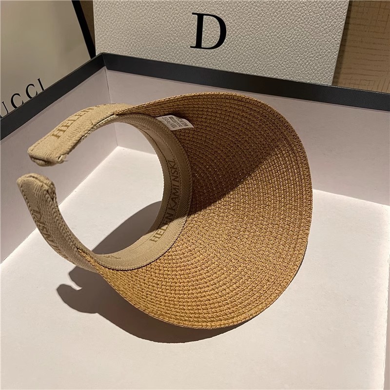 Straw Sun Visor With Wide Brim Open Top and Embroidered Band Suitable for Casual Summer Looks