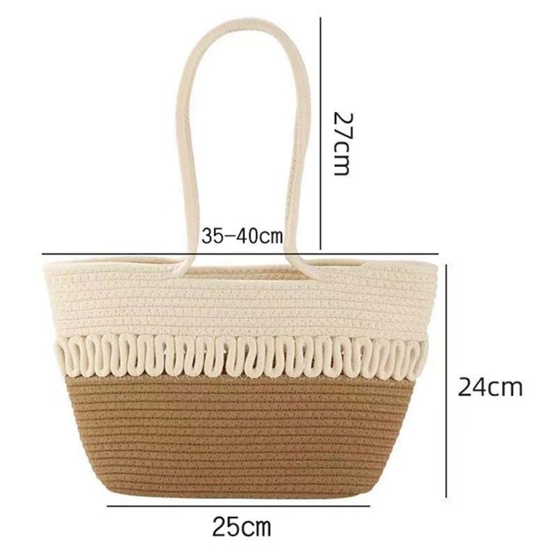 Single-Shoulder Handwoven Cotton Rope Openwork Tote Bag with Large Capacity for Beach Use