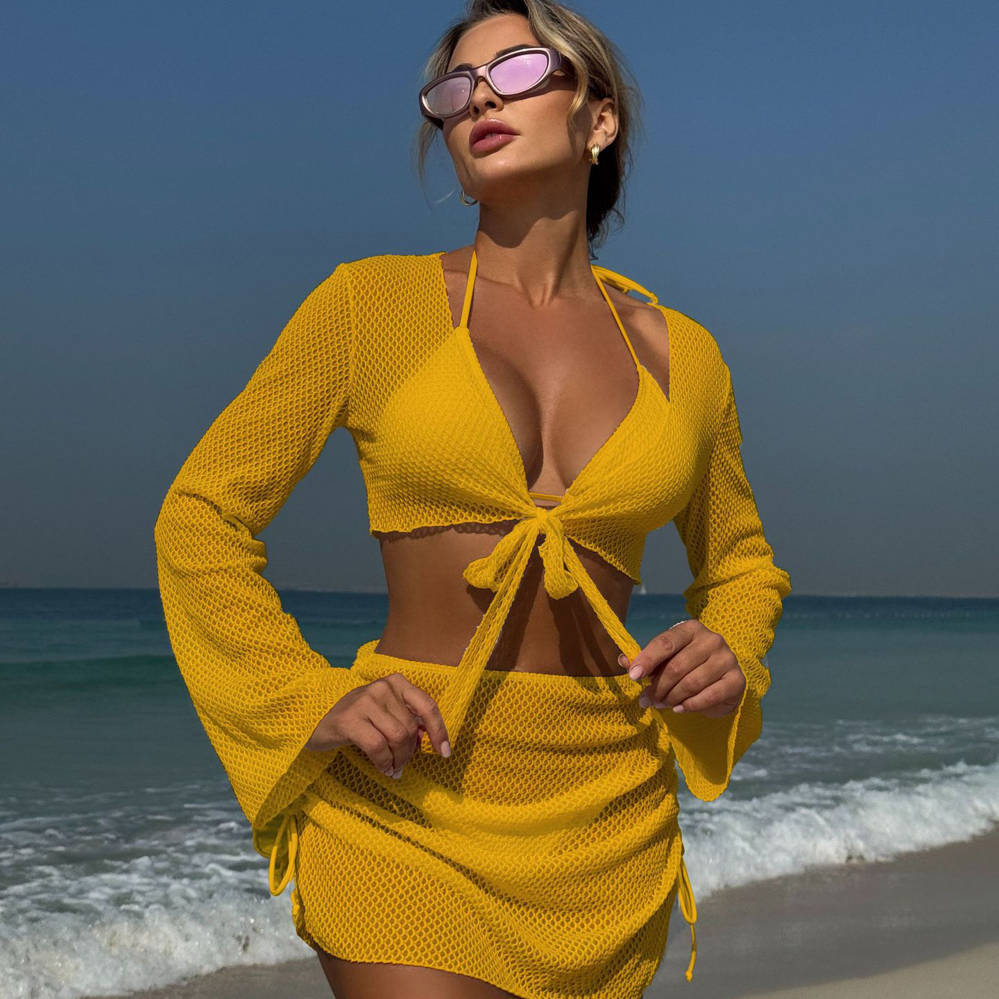 Sexy Halter Mesh Four Piece Bikini Swimsuit Including Sheer Cover Up and High Waist Mesh Skirt