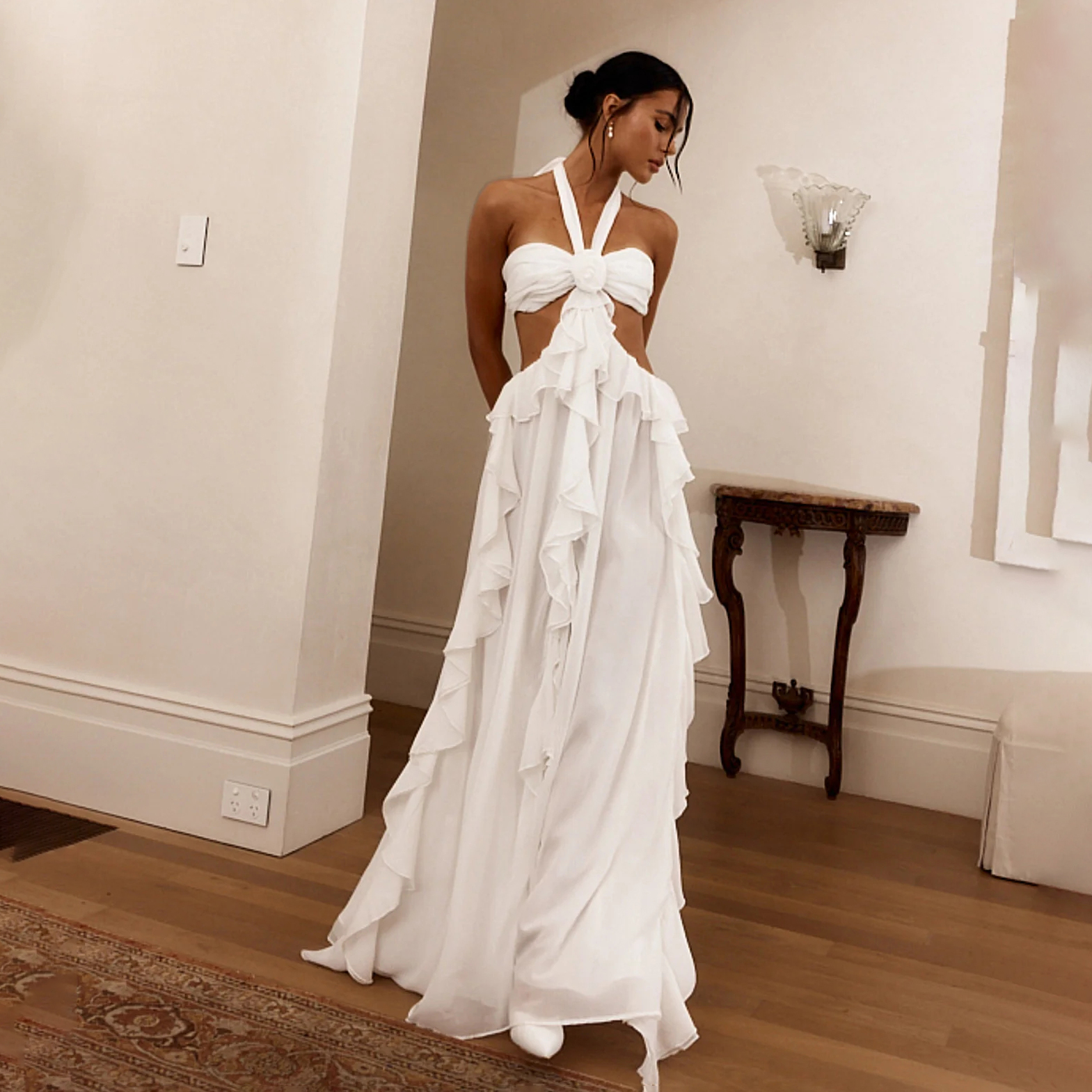 Santiago Cut-Out Ruffle Maxi Dress White