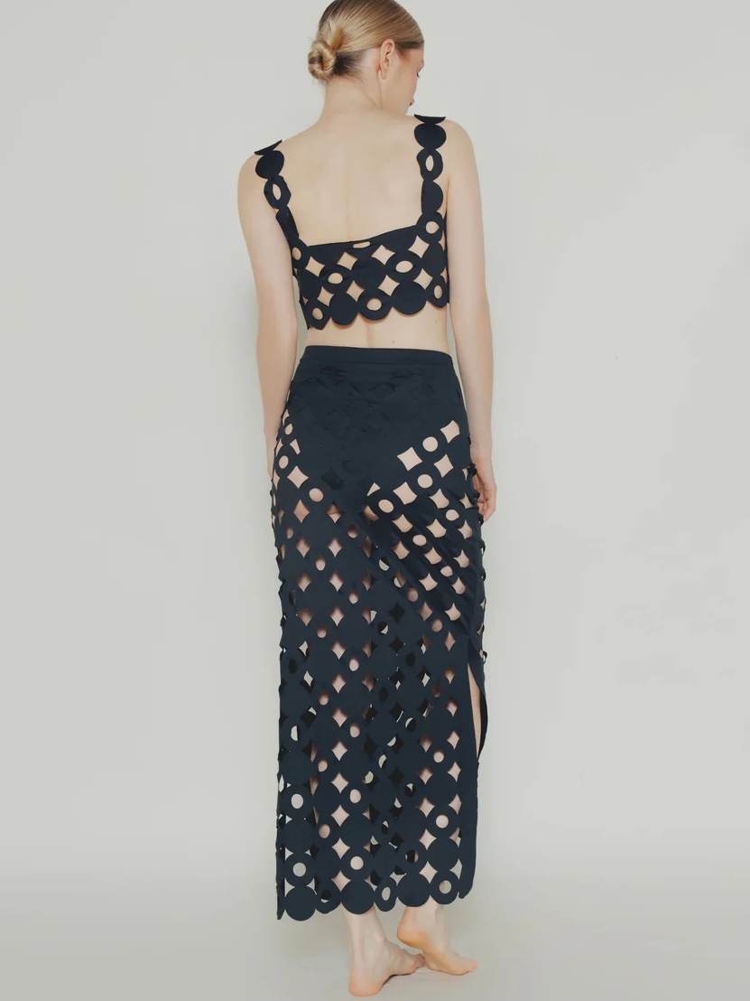 Black Laser Cut Bikini Set and Skirt