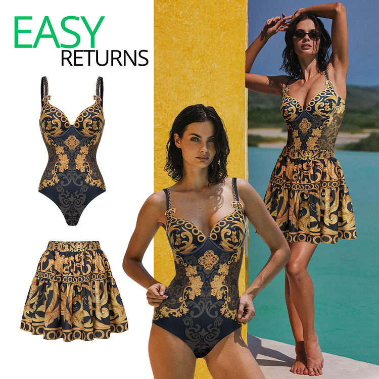 Women's Gold Embroidery Decor One-Piece Swimsuit with Skirt