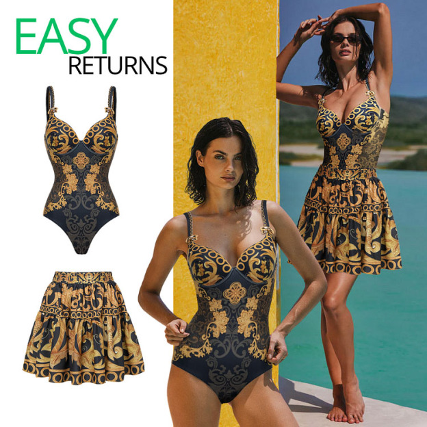 Women's Gold Embroidery Decor One-Piece Swimsuit with Skirt