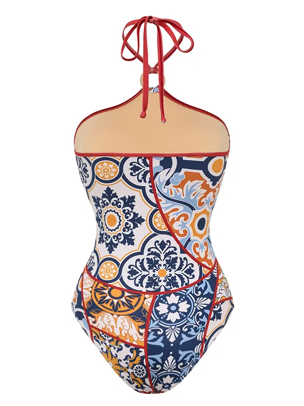 Vintage Printed Halter One Piece Swimsuit and Sarong