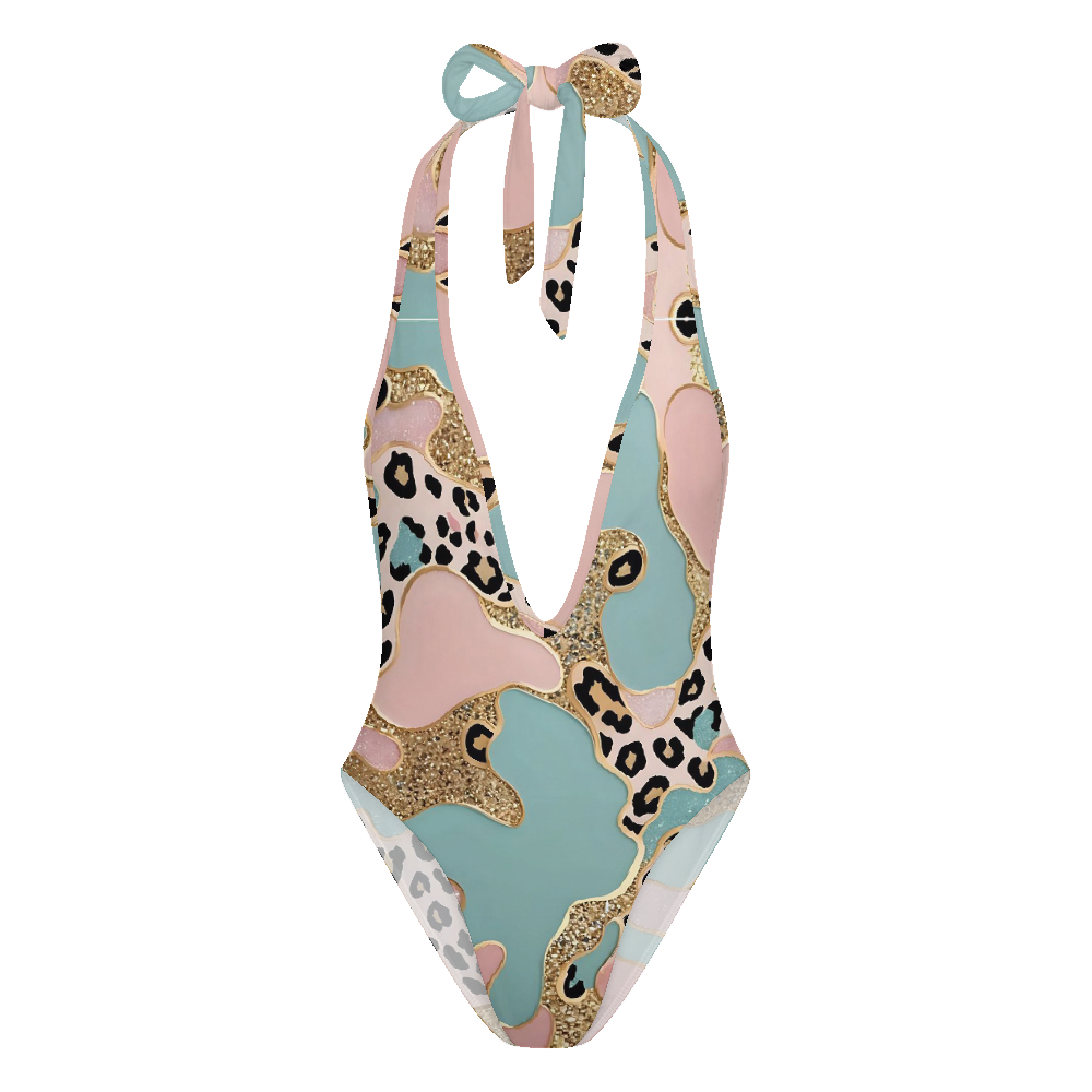 Pink Green Contrast Leopard Gold Foil Patchwork Swimsuit