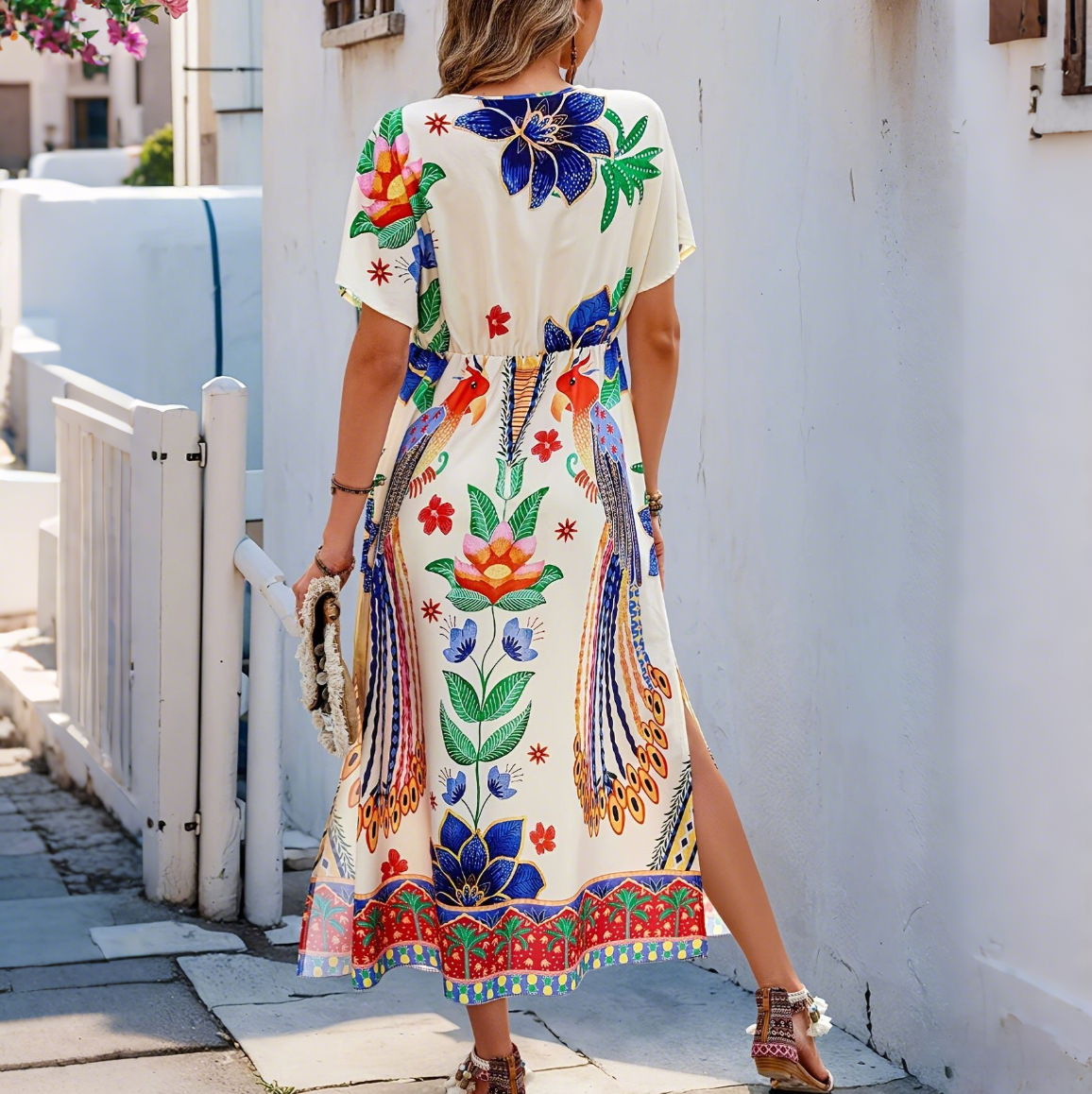 Women's New Bohemian Peacock Print V-Neck Dress with Cinched Waist