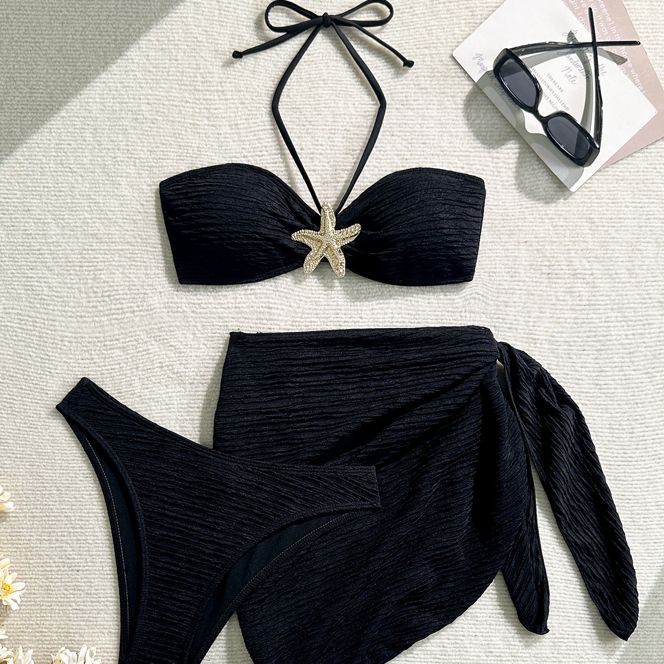 Three-piece Bikini Set with Starfish Accent and Wrap Skirt