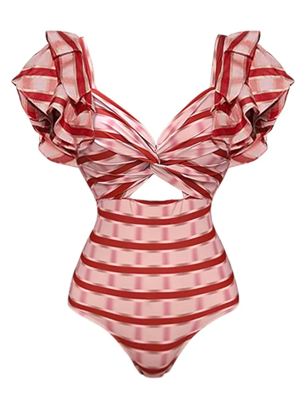 Ruffle Red Striped Printed Swimsuit and Skirt