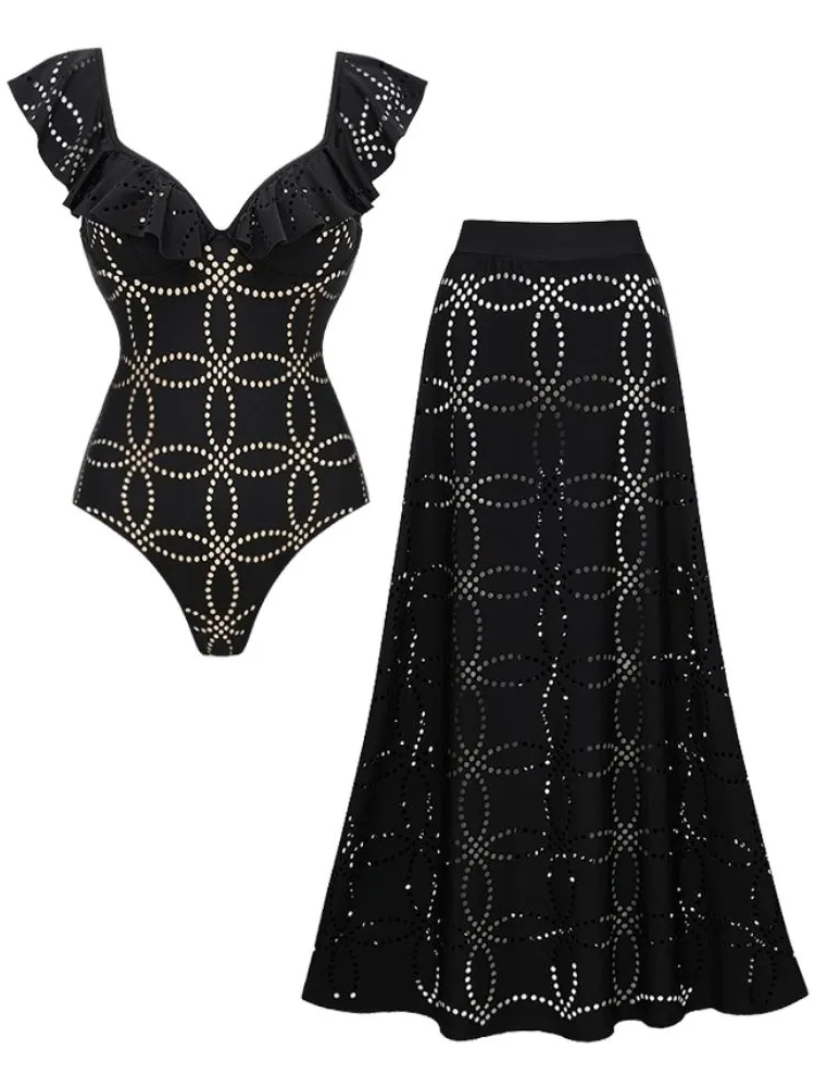 Underwired Black Ruffle Laser Cutting Flower Swimsuit and Skirt