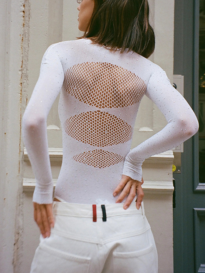 Sexy High-Elastic Knitted See-Through Long-Sleeved Hollow Jumpsuit